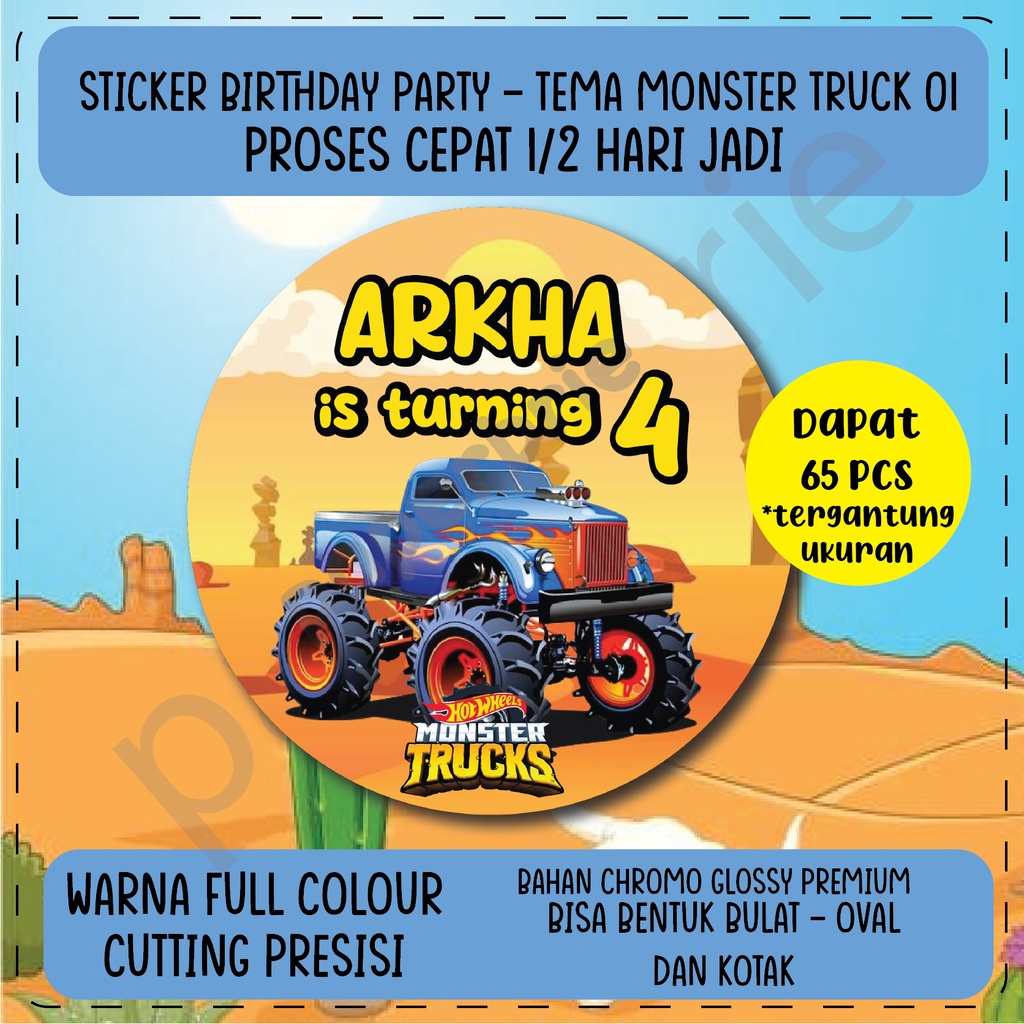 label stiker MONSTER TRUCK 01 Ulang Tahun Anak - sticker birthday party stiker hampers sticker hamper stiker bingkisan ultah