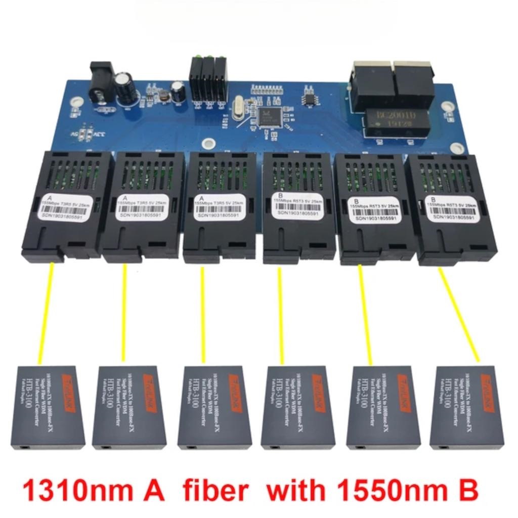 PCB Media Converter Fiber 2 FO SC Port 4 LAN Rj45 Optik Optical 6 SC 2 RJ45 Transceiver Ethernet Switch 4 Port dengan Adapter