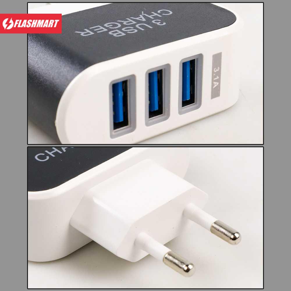 Flashmart Adapter Travel Charger USB 3 Port 5V 3.1A EU Plug - EKA