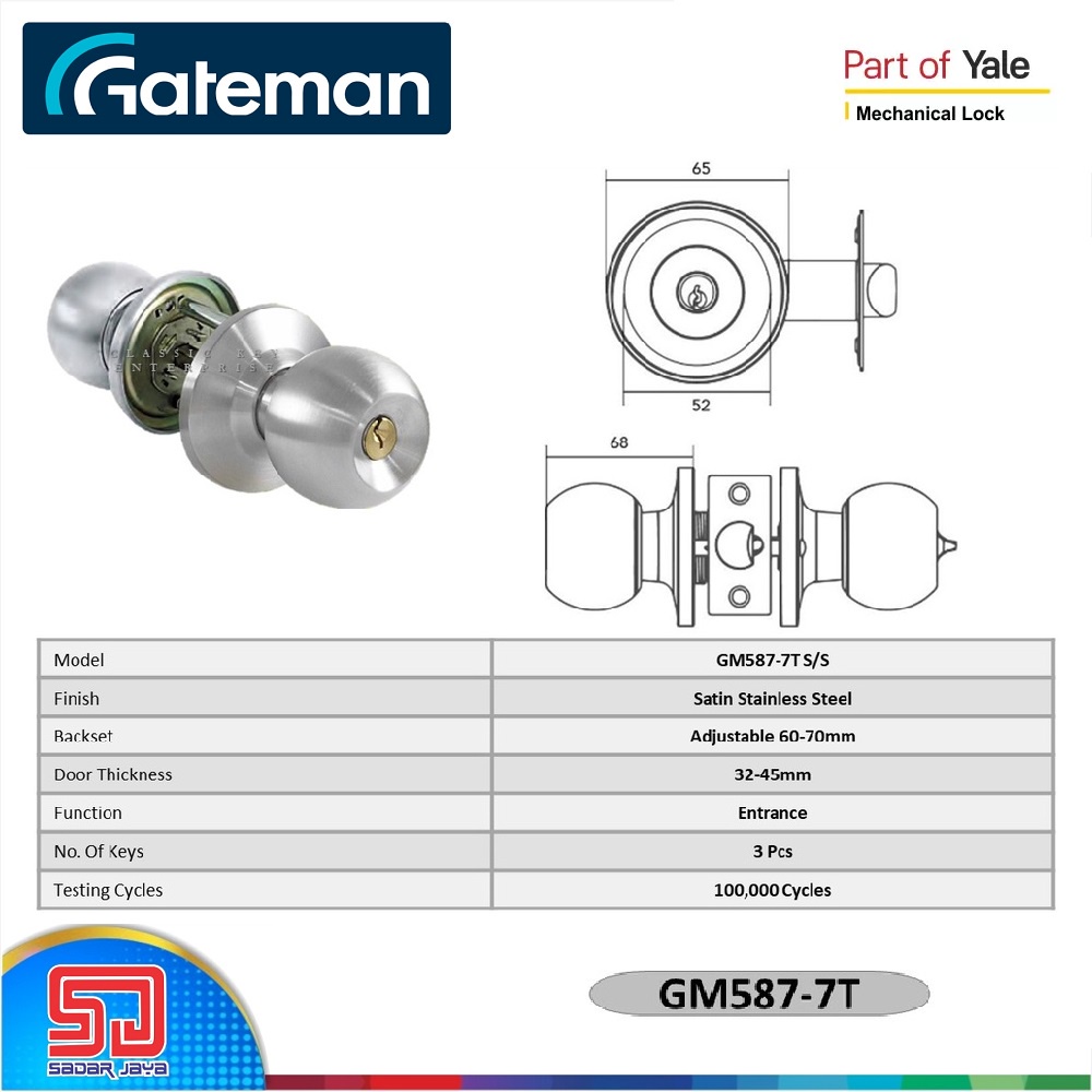 Gateman of Yale GM587-7T SS Tubular Knobset Handle Pintu Bulat Gagang Handel Kamar Mandi Silinder