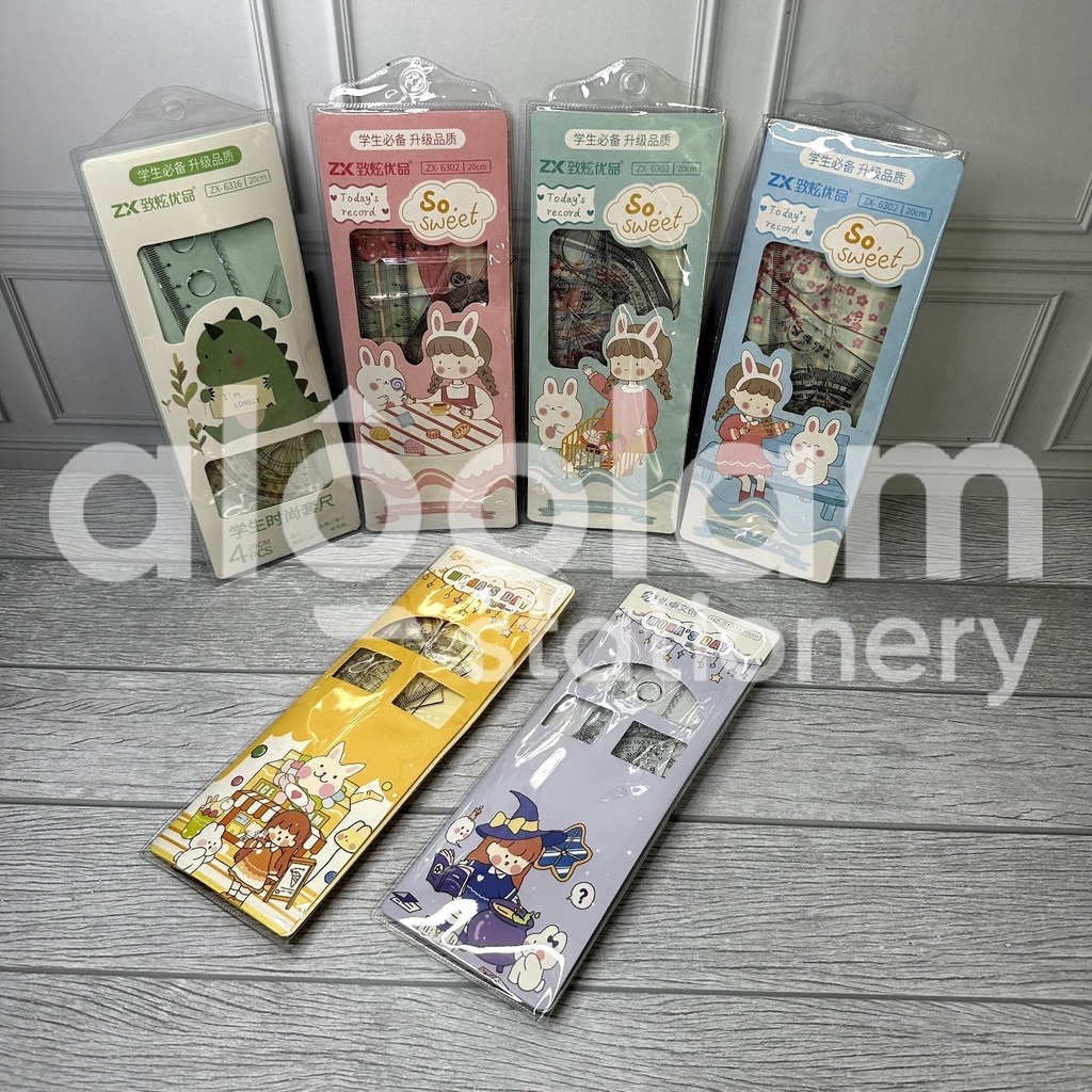 

PAKET ( 3 SET x 4 PCS ) Penggaris Set Dompet Karakter Lucu 4 in 1 20 Cm