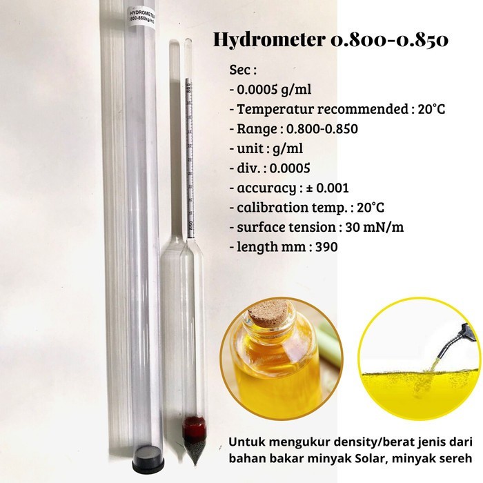 Hydrometer Baume Density skala 0,8ml-0,9ml uji solar &amp; minyak sereh - HMS