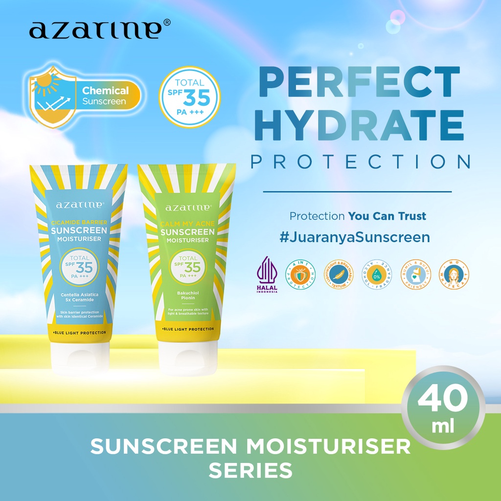 AZARINE Cicamide Sunscreen Moisturizer 40ml | Suncreen semua jenis kulit Azarine Sunscreen Hydrasoothe Hydramax Barrier Sunscreen Moisturiser Centella Asiatica 5X Ceramide Calm My Acne