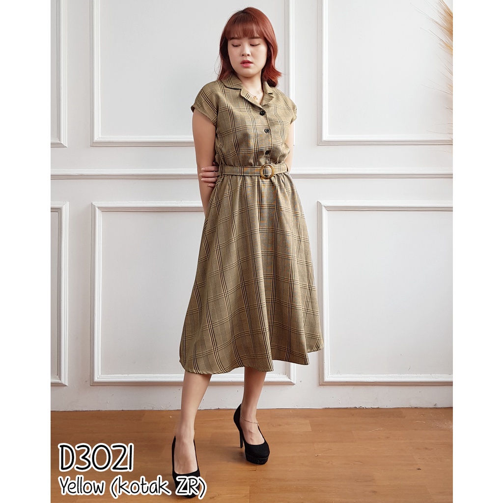 Dress wanita lengan pendek gaun pesta motif kotak kotak