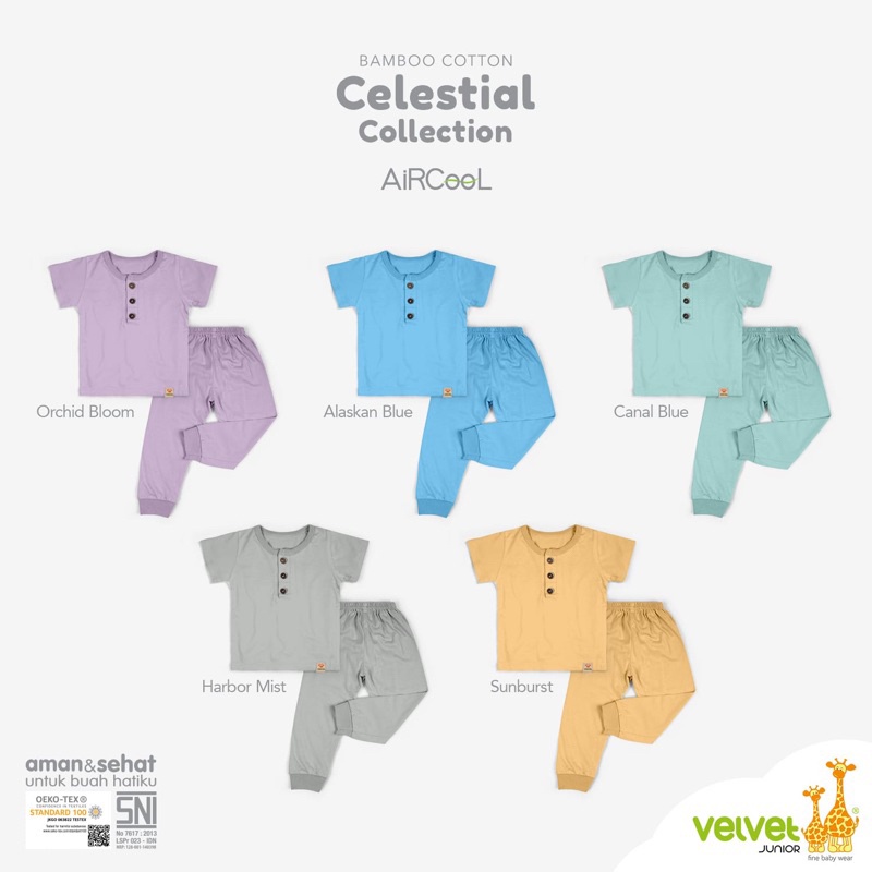 Baju Bayi Piyama Anak Setelan Pendek Celana Panjang Kancing Dada 9 Bulan 1-6 Tahun Velvet Junior Aircool Celestial Series