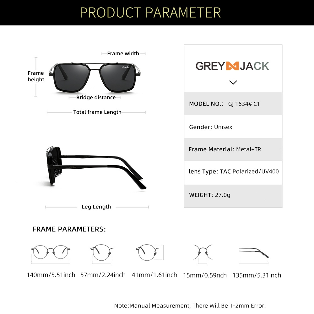 Grey Jack Kacamata Hitam Sunglasses Polarized Fashion Kotak Aviator Casual Trendy Style Terbaru Ringan dan Stylish 1634