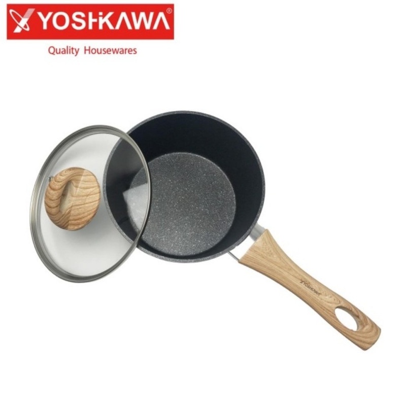 Panci Susu Sauce Pan Marble + Tutup Kaca Yoshikawa Panci Wajan Keramik Gagang Teflon