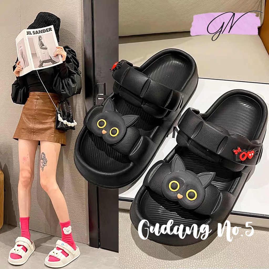 GN-2255-1 Sandal Selop Jelly Wanita Motif Kucing Import Balens PVC