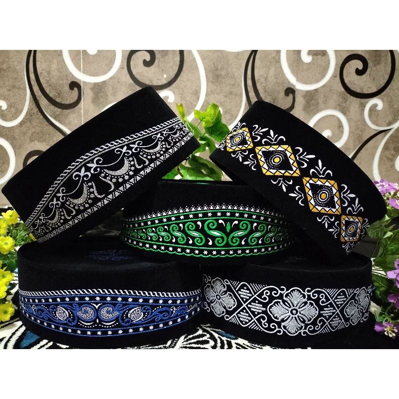 PECI SONGKOK BORDIR MOTIF//KOPYAH PECI HITAM MOTI BORDIR PRIA DEWASA