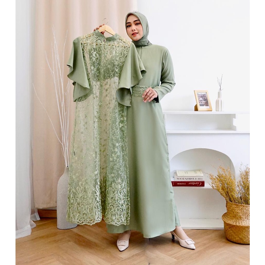 (Pasti Realpict) 2IN1 GEORGINA DRESS INNER + OUTER BRUKAT TILLE PREMIUM / FREE BELT / SET GAMIS MAXI DRESS KONDANGAN