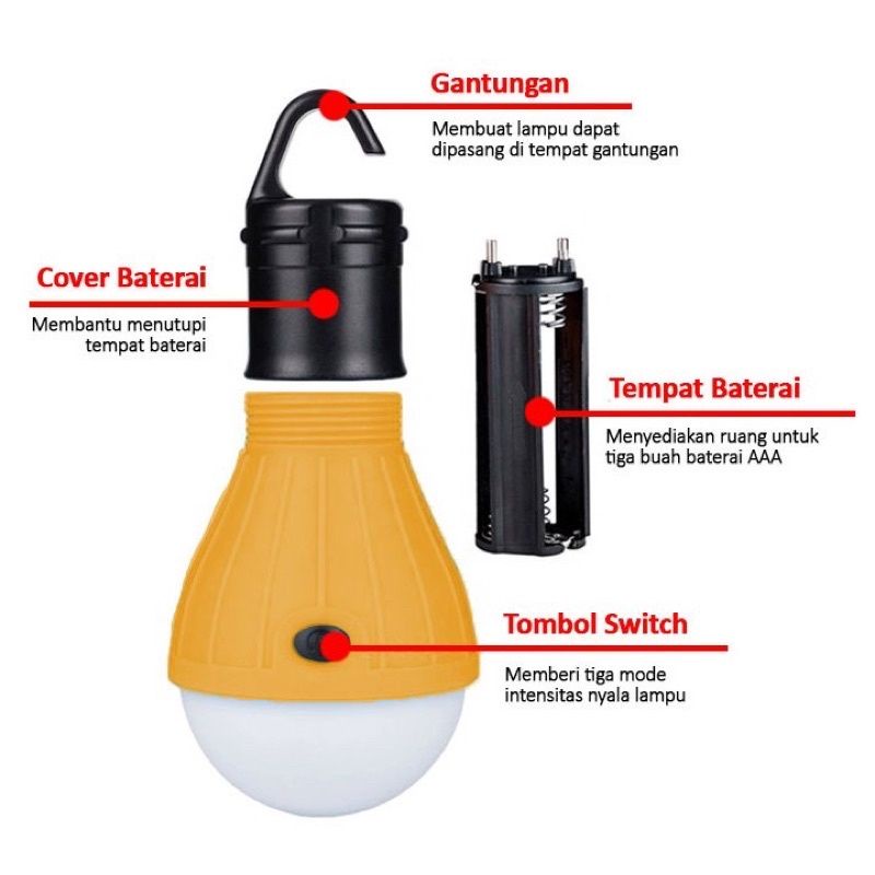 Lampu Gantung Bohlam  - 3 Mode - Baterai AAA - Lampu Hook Emergency - Lampu Tenda