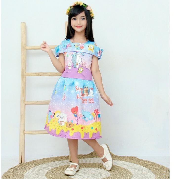 SIAP KIRIM Dress satin bridal / dress sabrina motif BTS BT21 / baju pesta anak termurah / dress anak