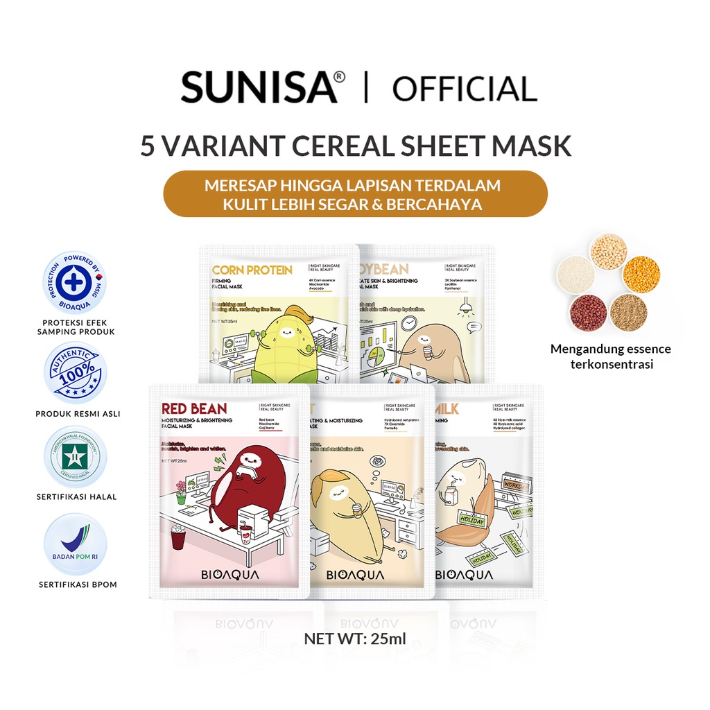 SUNISA X BIOAQUA Cereal Sheet mask masker wajah dari Cereal/ Oat/ Rice milk/ Corn protein/ Soybean/ Red Bean Facial mask 25ml
