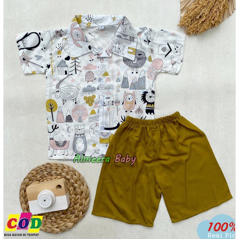 Setelan Baju Bayi Kemeja Bayi One Set Rayon Motif Animal Usia 3-12 Bulan Almeera Baby and Kids