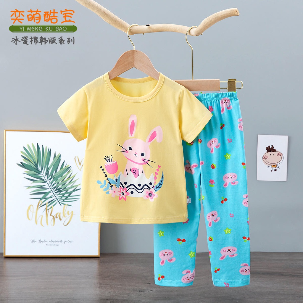 FORSLEEP CP2328 Motif BUNNY Piyama 1-9T KUBAO Atasan Lengan Pendek Celana Panjang Baju Tidur Anak Pe