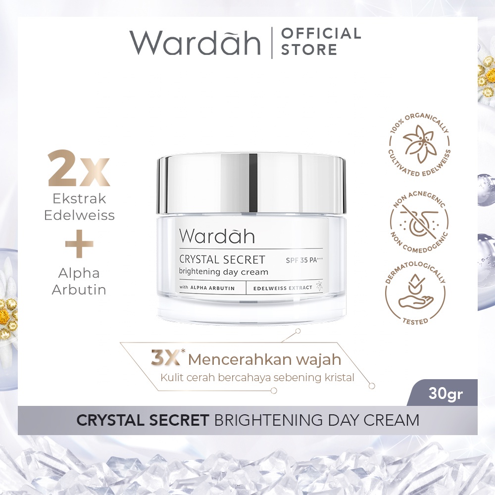 WARDAH Crystal Secret Brightening Day Cream Indonesia / Pelembab Wajah 9ml 15ml 30g / SPF 35 PA+++ / With Alpha Arbutin Edelweiss Extract / Moisturizes And Protects Skin From UVA/UVB Crystal Bright Skin / Skincare Face Care Series / Pagi Malam Night Krim