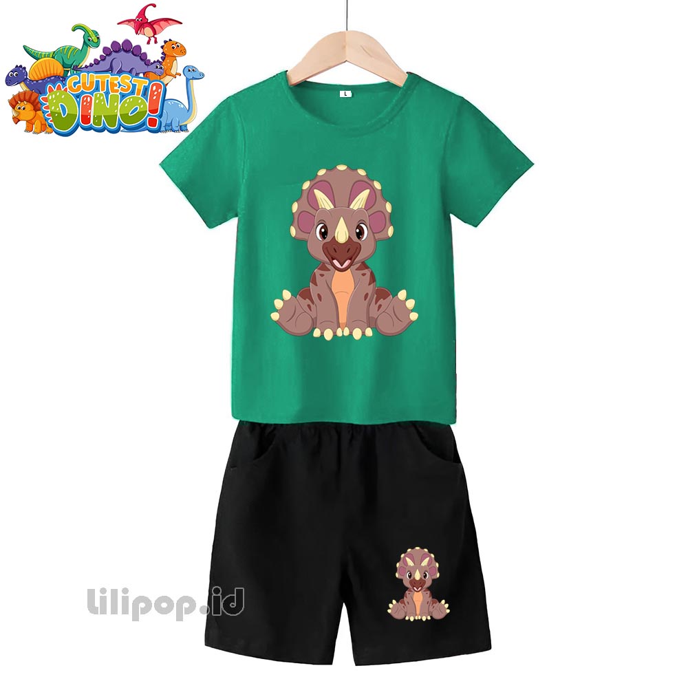 Baju Anak Stelan Kaos 3/4 Dinosaurus Triceratops Cowok Cewek  Usia 2 - 7 Tahun Celana Pendek Harian