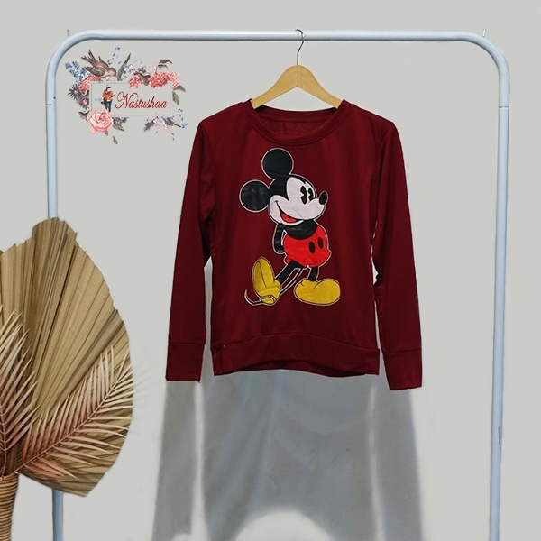 Crewneck Mickey Mouse Black Maroon Sweater wanita mickey mouse Bahan Babyterry Motif Sablon Classic Sweter Korean Style