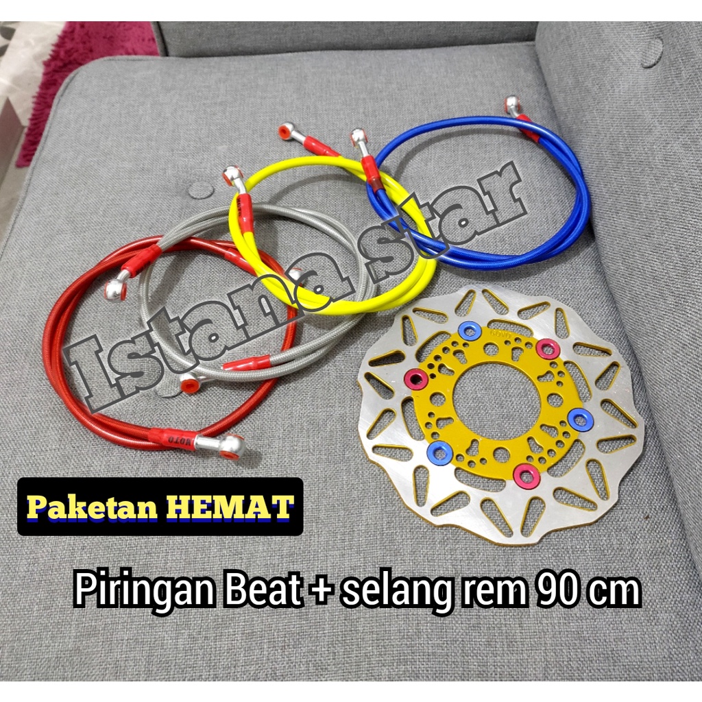 SEPAKET PIRINGAN DEPAN MOTIF PLUS / SELANG REM DEPAN 90 CM MATIC BEAT SCOOPY VARIO LAMA 110/125/150 - GOLD-MERAH-BLUE-SILVER