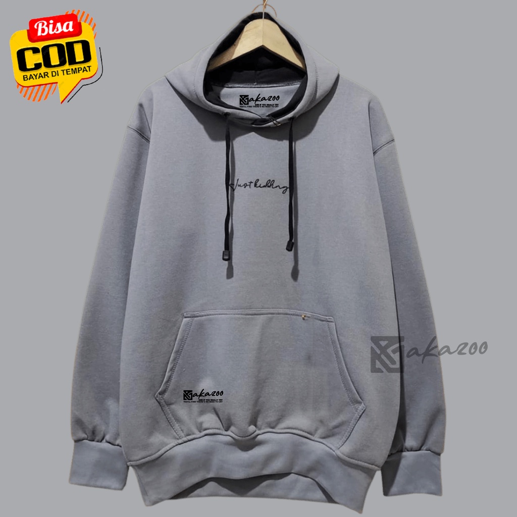 switer distro pria original bandung AKAZOO warna abu tua just kidding tulisan hitam sweater oversize wanita korean style hoodie polos jumbo oversize murah hodie cowok distro simple keren  hoodi pria terbaru 2021 umisex m l xl xxl premium  akazoo