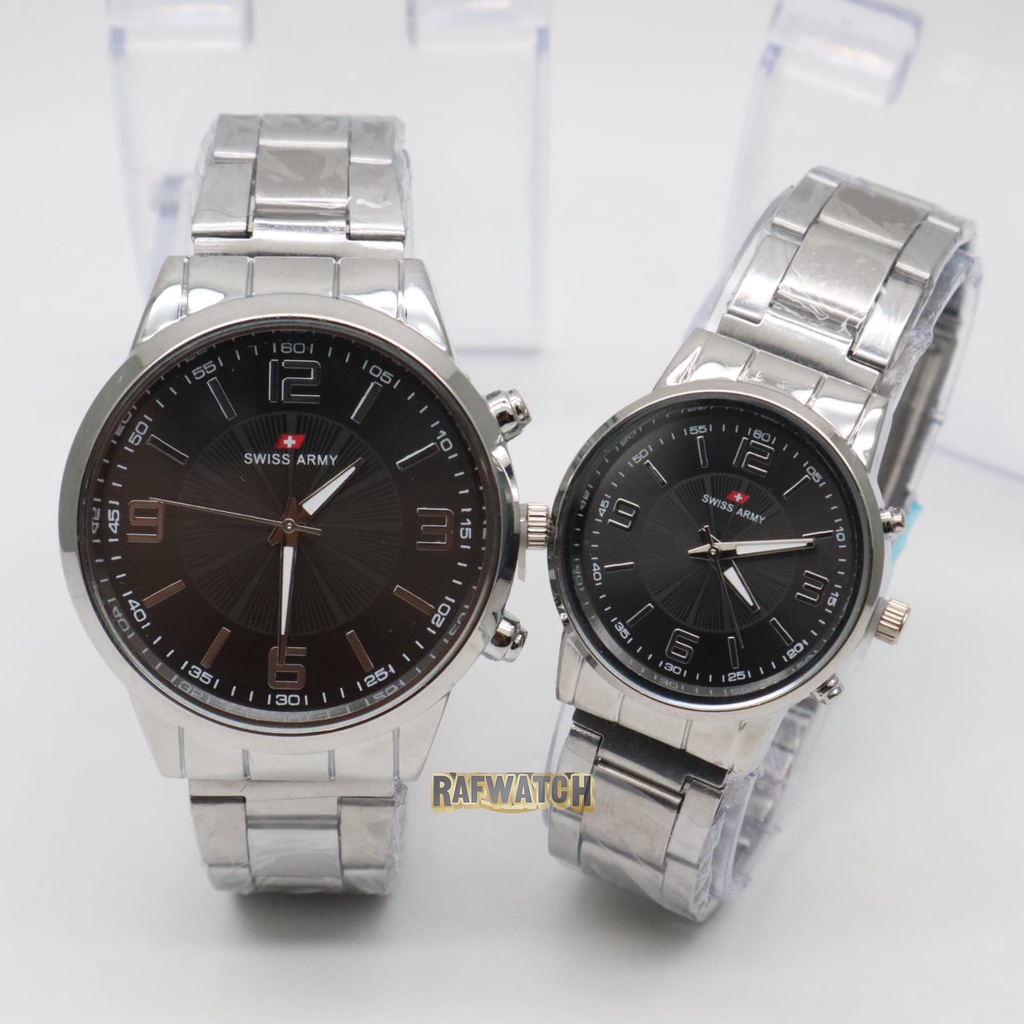 Jam Tangan Pasangan Pria Wanita Analog Casual Rantai Stainless Silver Hitam RPA12