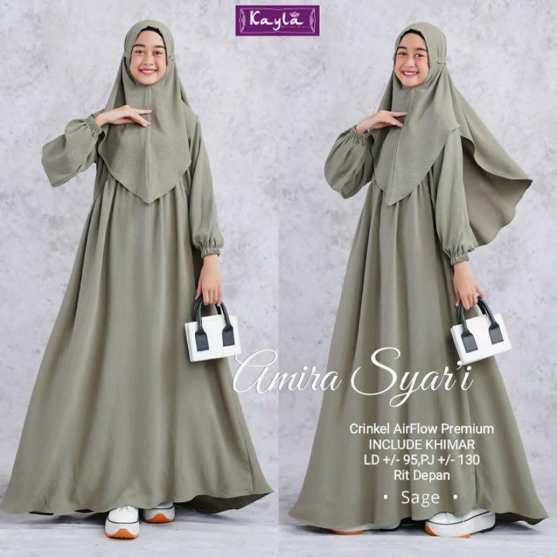 Amira Syari Kids Sage Gamis Anak Perempuan (FREE HIJAB) Usia 11-14 Tahun Crinkle AirFlow