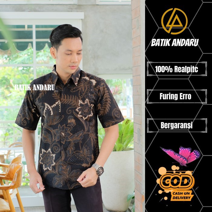 Kemeja Batik Pria Lengen Pendek Slim Fit Modern Bahan Katun Primisima Solo Kualitas Premium Warna Hitam