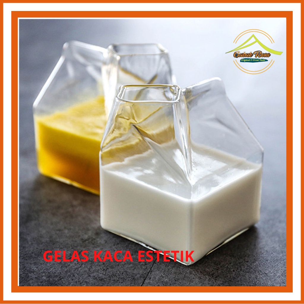 Gelas Kaca Estetik/Gelas Bentuk Kotak Susu/Gelas Minum Lucu Unik/Milk Box 300ml