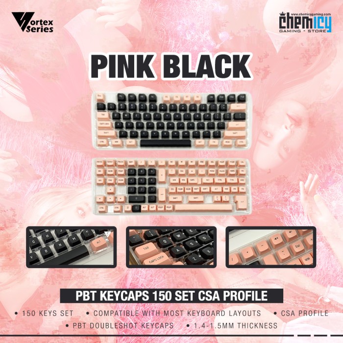 Terlaris Vortex Series Pink Black Pbt Keycaps 150 Set Csa Profile