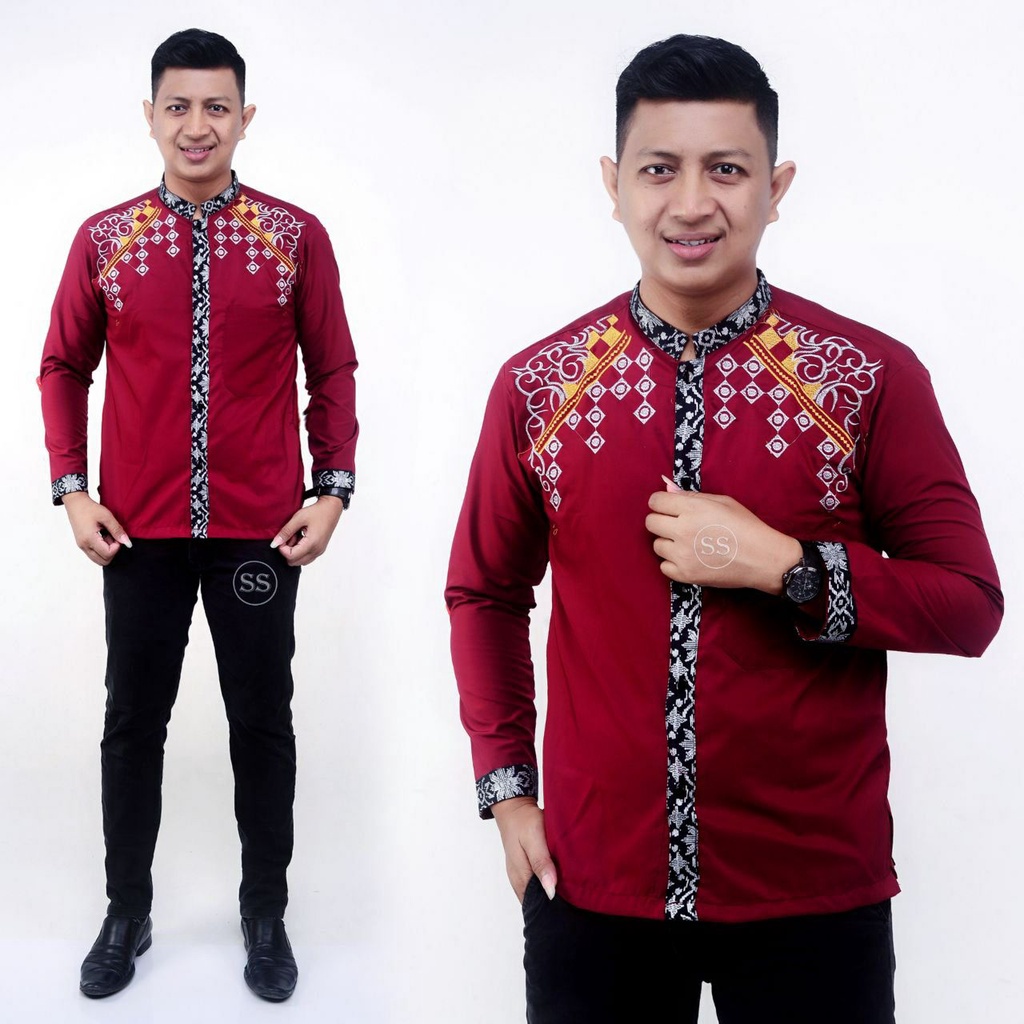 baju koko lengan panjang merah maroon batik veldanava pekalongan motif bordir kombinasi