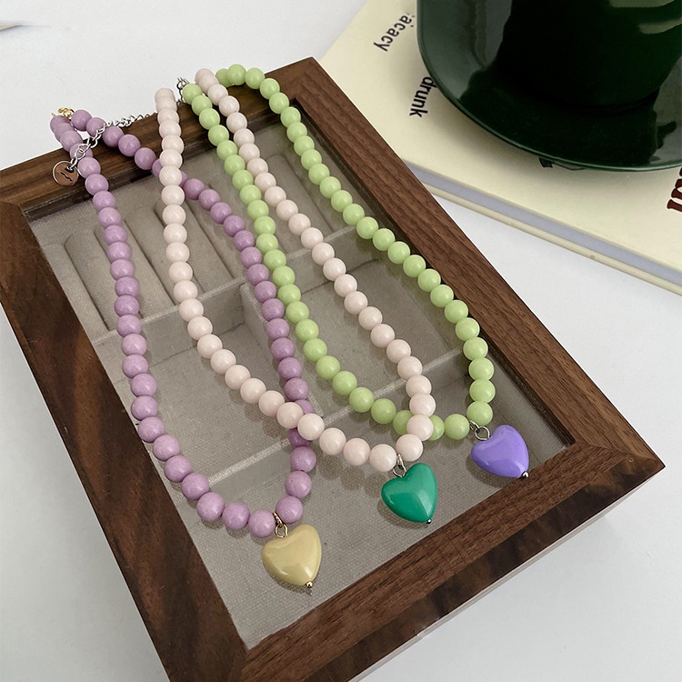 Ins Candy Color Beaded Necklace Colorful Heart Pendant Rantai Klavikula