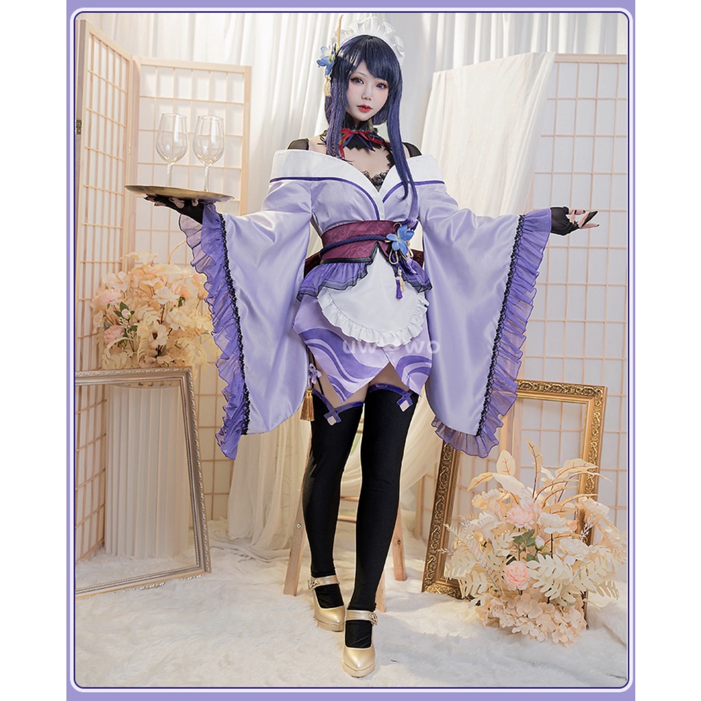 UWOWO Genshin Impact Fanart: Raiden Shogun Ei/Baal Kimono Maid Sexy Ver. 2-in-1 Maid&amp;Lingerie Cosplay Costume