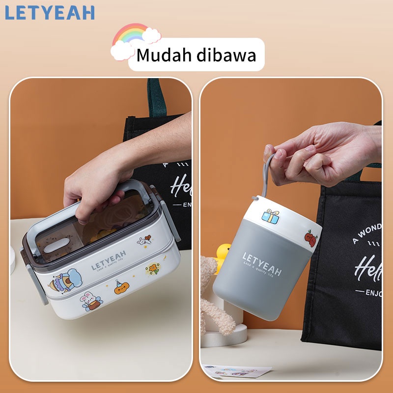 letyeah Lunch box 2 susun dengan DIY stiker/ Kotak makan 1600ml dan mangkuk sup 500ml set Portable