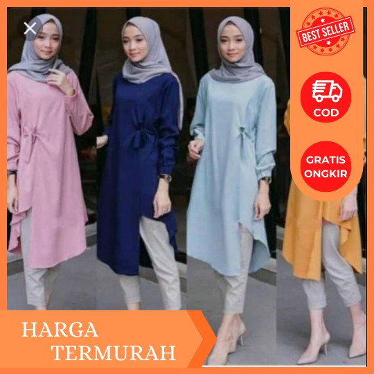 Baju Wanita Model Long Tunik Terbaru 2023 Shella Tunik Bahan Crinkle Pakaian Muslim Wanita Kekinian 