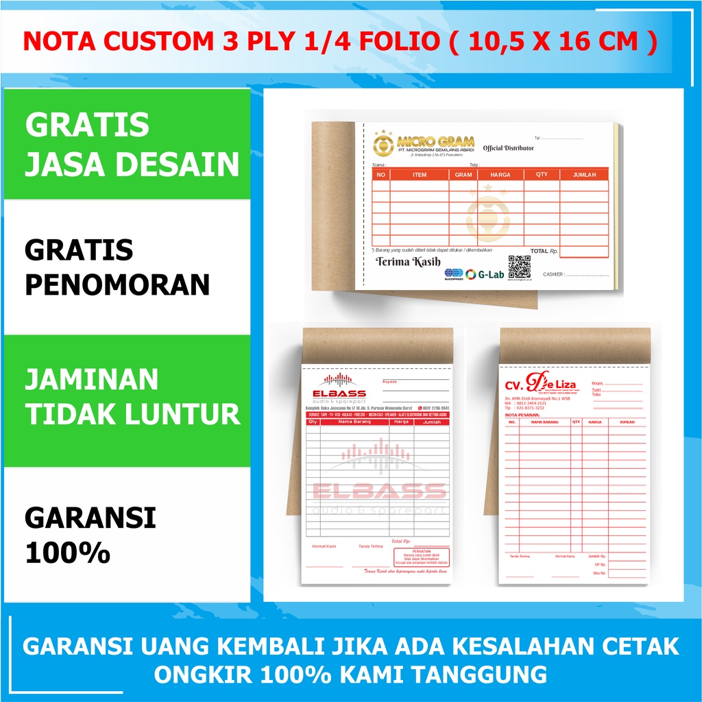 

Nota custom 3 ply 1/4 folio 10,5x16 cm certak nota penjualan invoice kwitansi