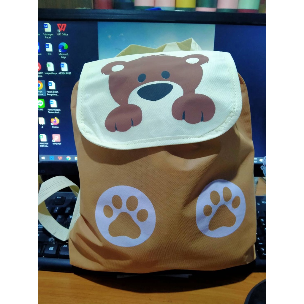 Tas Spunbond Ransel Anak / Souvenir Ulang Tahun / ultah / Tas custom /  happy birthday Anak kantong lebaran Uk 32.5x33.5cm Karakter Binatang