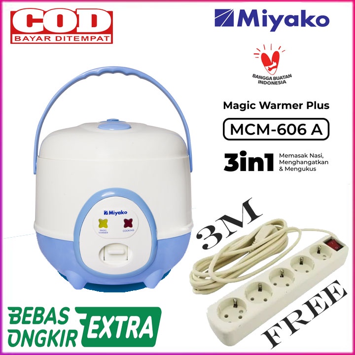 Magic Com / Rice Cooker Miyako-MCM 606a Kapasitas 0.6 Liter 3 in 1 FREEE STOP KONTAK 5LUBANG 3METER