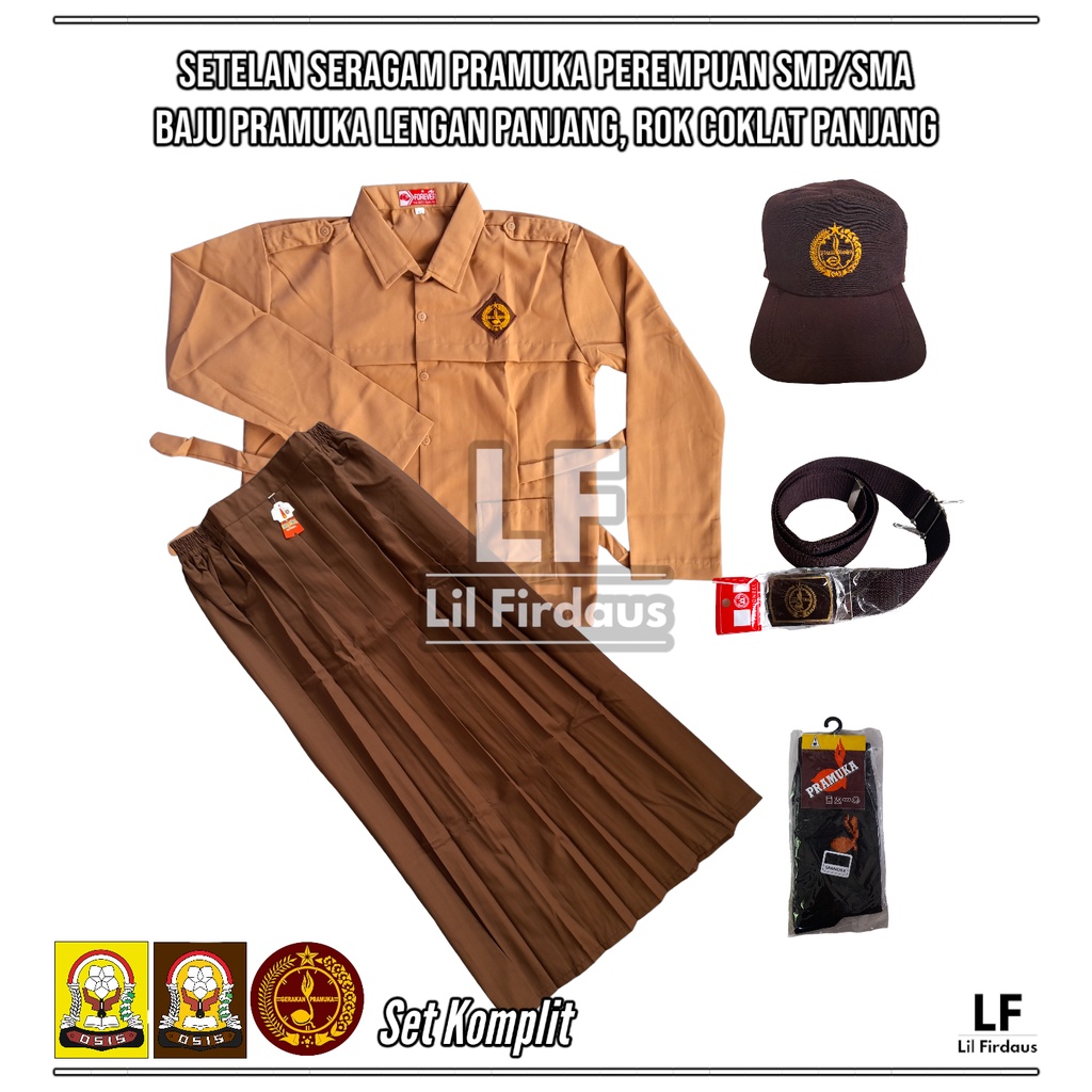 Setelan Seragam Pramuka Perempuan SMP/SMA - Baju Pramuka Lengan Panjang, Rok Coklat Panjang