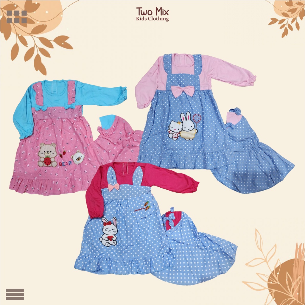 Two Mix Dress Muslim Anak 1 - 2 Tahun Gratis Kerudung Gamis Anak Perempuan 2024 dj906