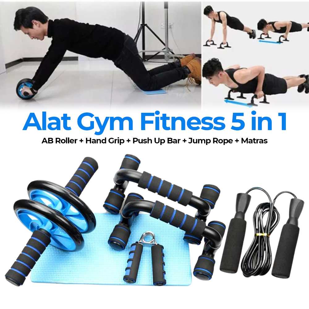 Paket Lengkap Alat Gym Fitness Roller Pushup Bar Jump Rope 5 In 1 Tomshoo Set Latihan Di Rumah Home 