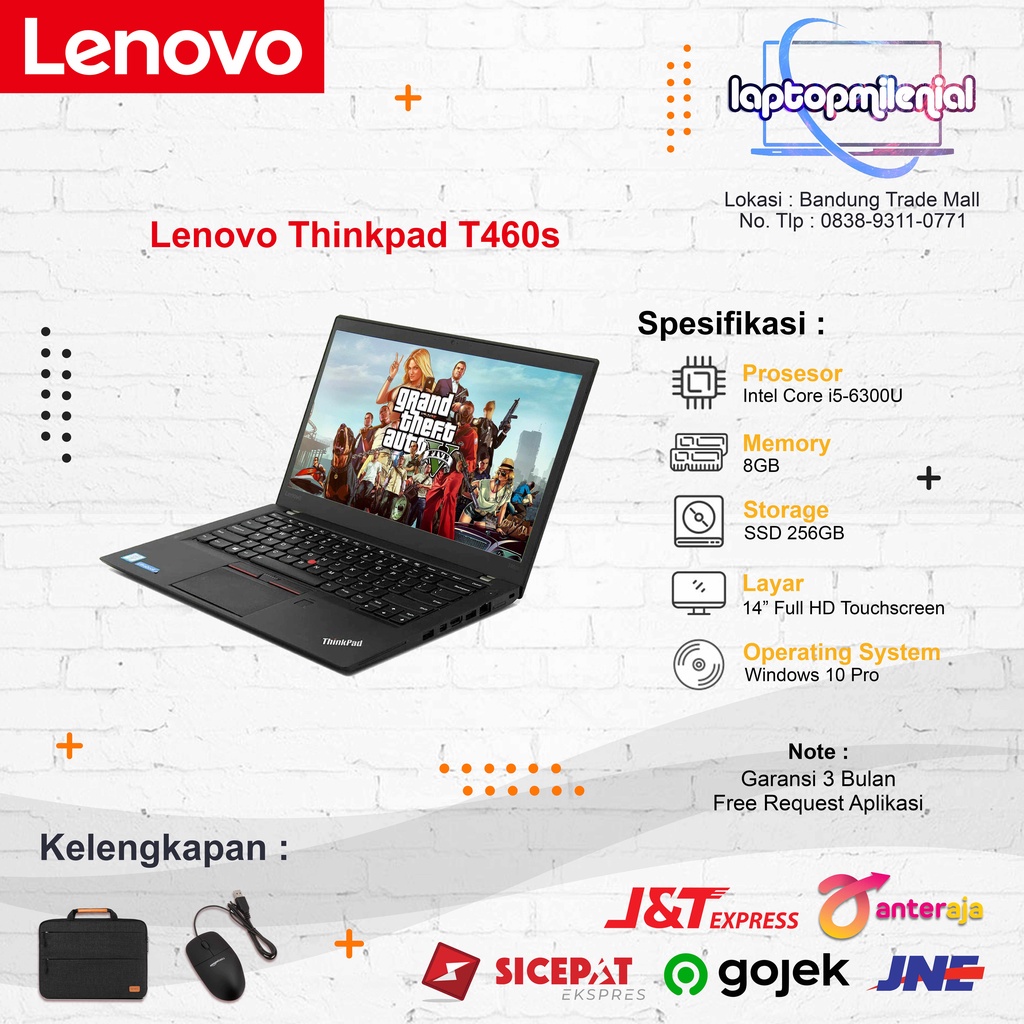 Lenovo T460s Intel Core i5-6300U Ram 8GB/256GB 14&quot; Touchscreen Win 10 Siap Pakai Dan Berkualitas