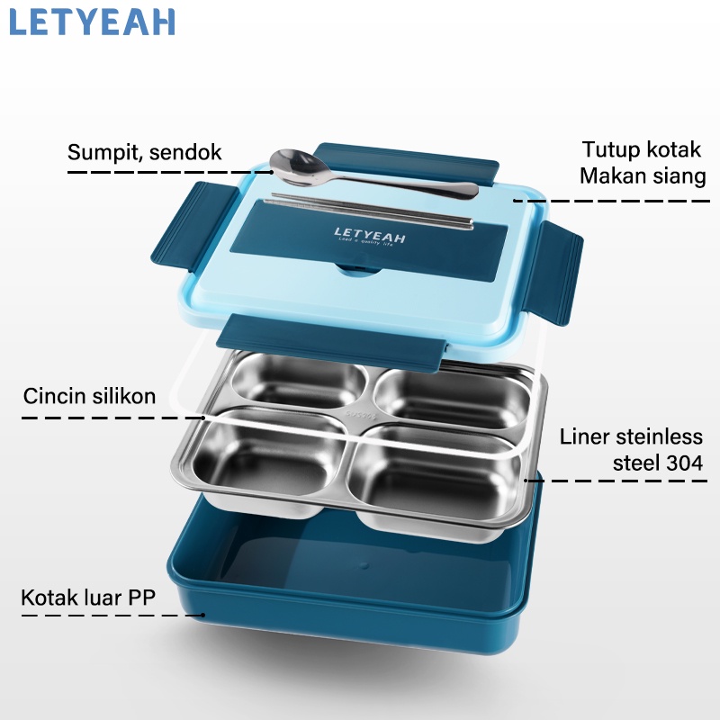 letyeah Lunch box set tas bekal dan 4 sekat kotak makan stainless 304 /570ml botol minum anti tumpah