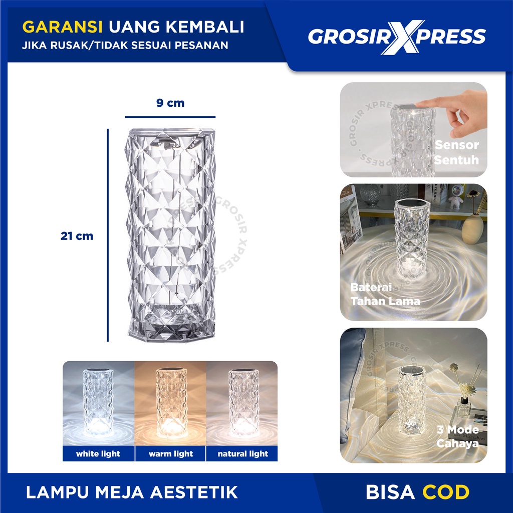 Lampu Meja Crystal Tombol Sentuh Led Aesthetic USB Charger Lampu Tidur Hias Romantic Tumblr Lamp Portable Mewah Lampu Tumbler Kristal |GROSIRXPRESS