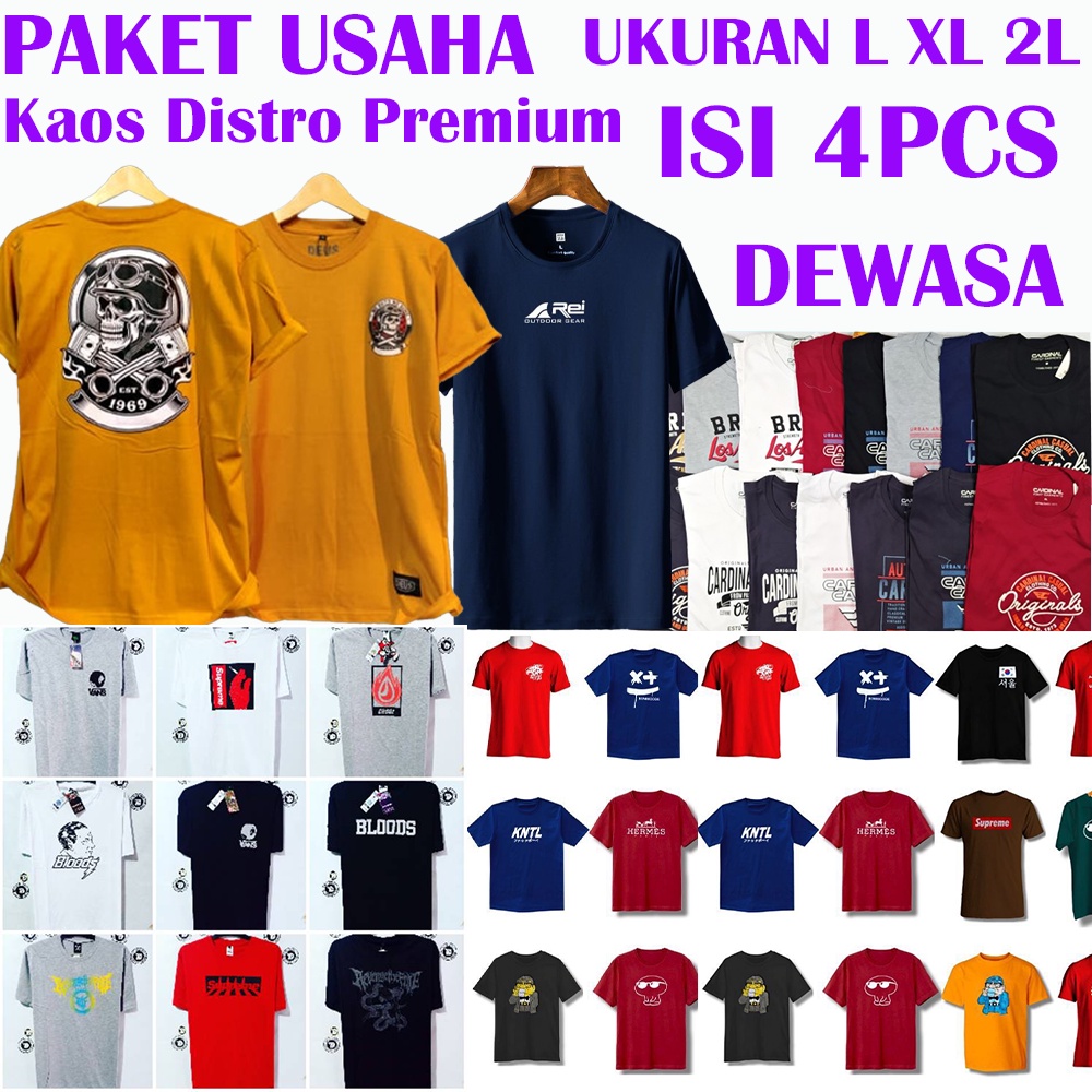 PAKET USAHA Kaos Distro Dewasa isi 4pcs Lengan Pendek Premium, Ukuran L XL XXL Random Warna Dan Motif Tshirt Kaus Pria Wanita Unisex Terbaru Termurah Cowok V Neck Crow Slimfit Hitam Putih Hijau Biru Abu Kuning Boombogie/Sablon Plastisol/Printing