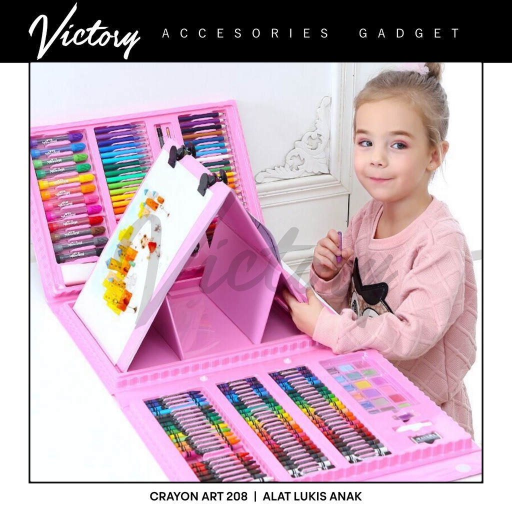 VICTORY Crayon Anak Pengasah 208pcs Set Alat Menggambar Melukis Anak-anak Crayon Cat Air Pensil