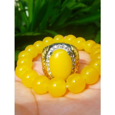 Batu Akik Paket Gelang Dan Cincin Batu Giok Kuning Ring Titanium 3s10