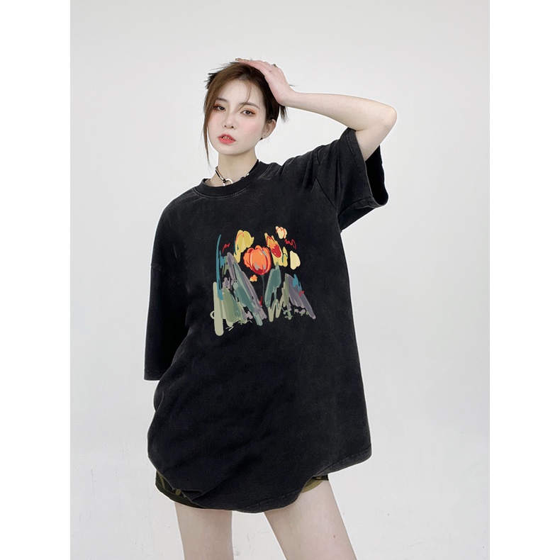 XIAOZHAINV Korean Style Tulip Pattern Washed Printing Kaos Wanita A0036