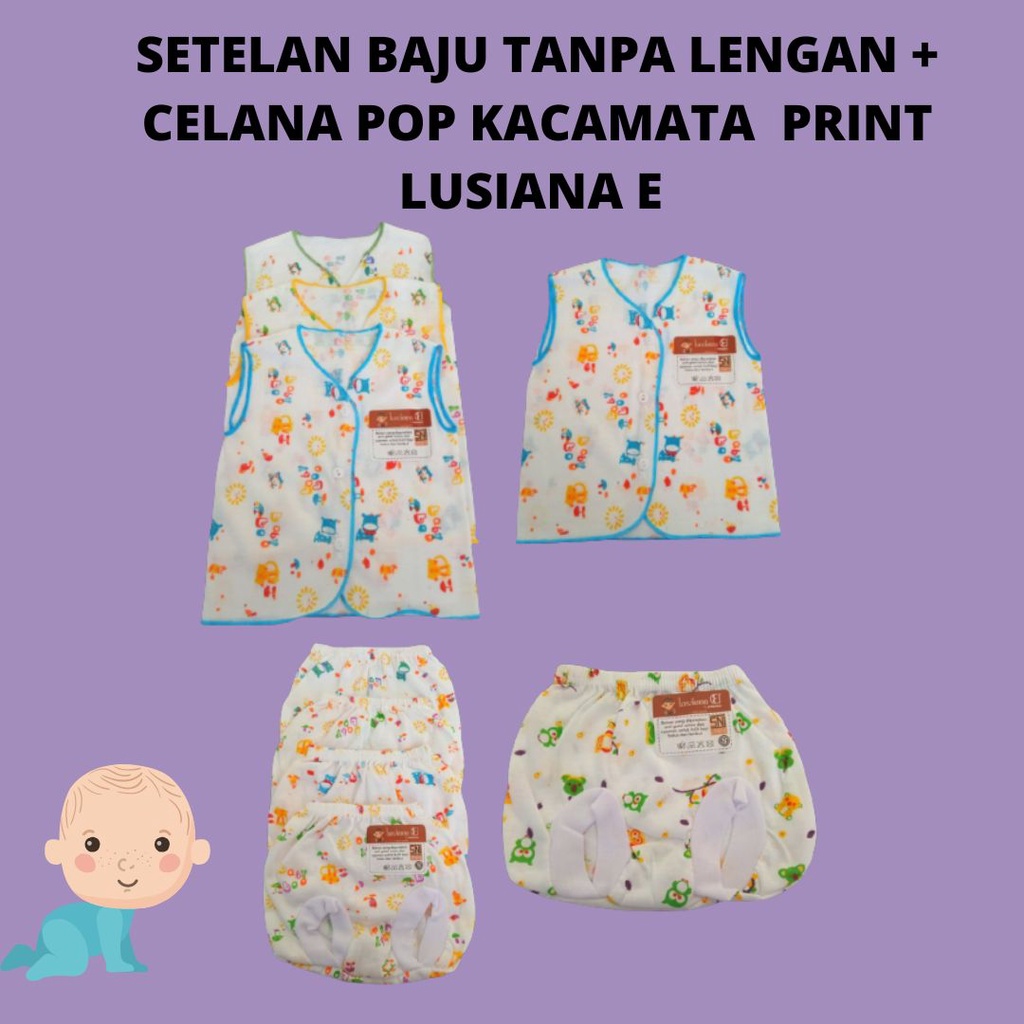 Setelan Baju New Born Print Tanpa Lengan + Celana Pop Kacamata Lusiana E 652103 + 651001