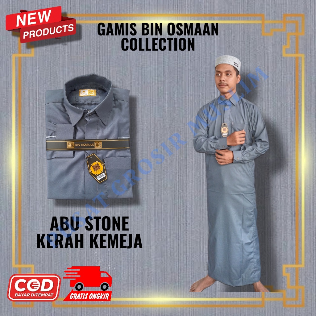 Jubah Pria Gamis Bin Usman Abu Abu / Jubbah Mewah Model Terbaru / Gamis Bin Osmaan Kerah Kemeja