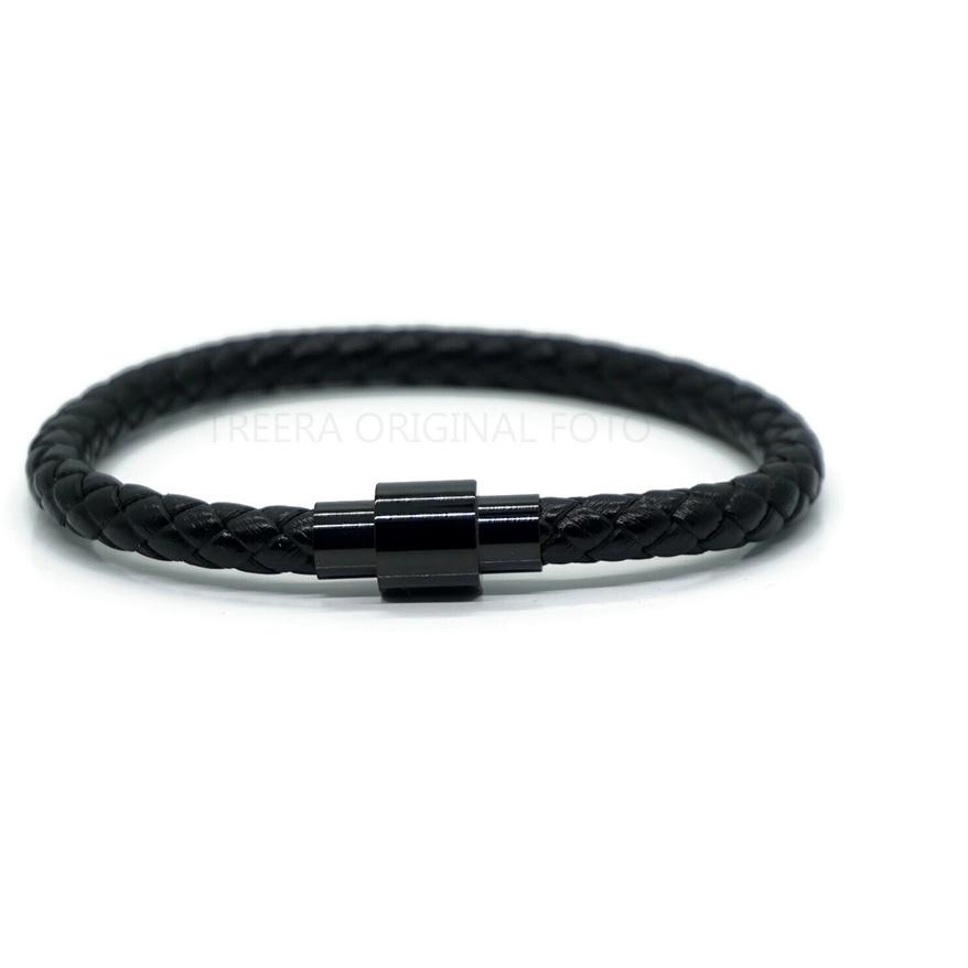 ✶ Treera - Gelang Kulit Pria Hitam Magnetic Lock Emas Hitam Original ♞